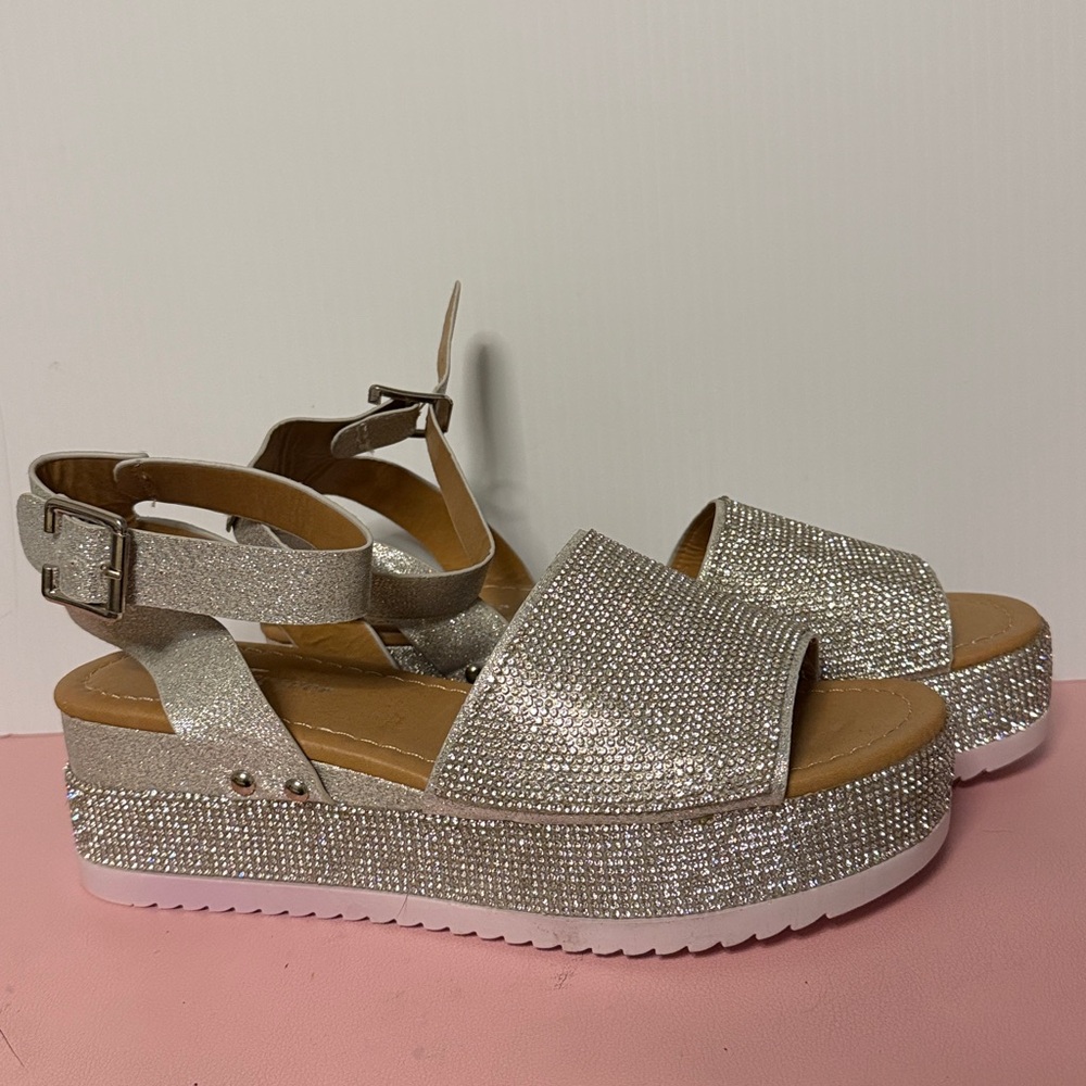 Women's Silver Rhinestone and Silver Glitter ankle-strap Platform Sandals